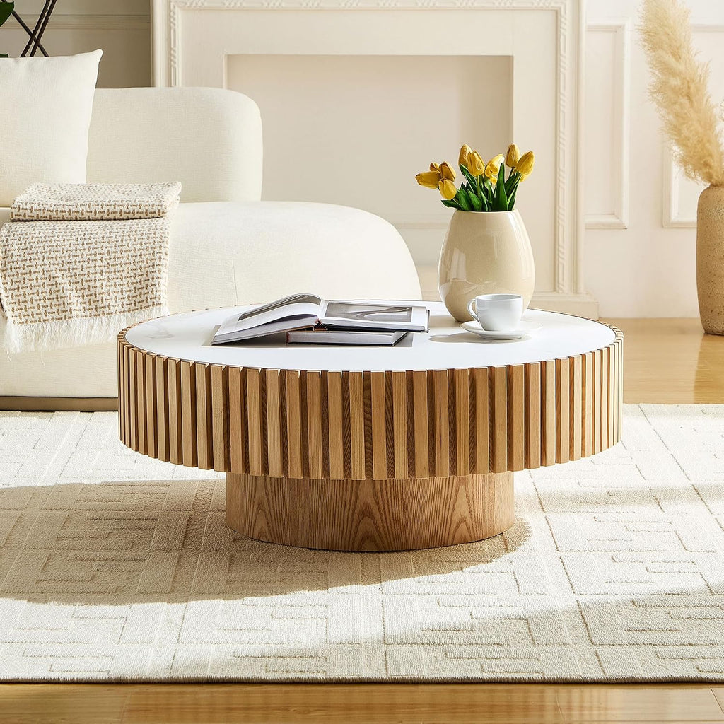 35.43" Oak Round Wood Coffee Tables with Faux Marble White Sintered Stone Tabletop, Contemporary Modern Farmhouse Boho Fluted Drum Circle Wooden Pedestal Center Table for Living Room Apartment Natural