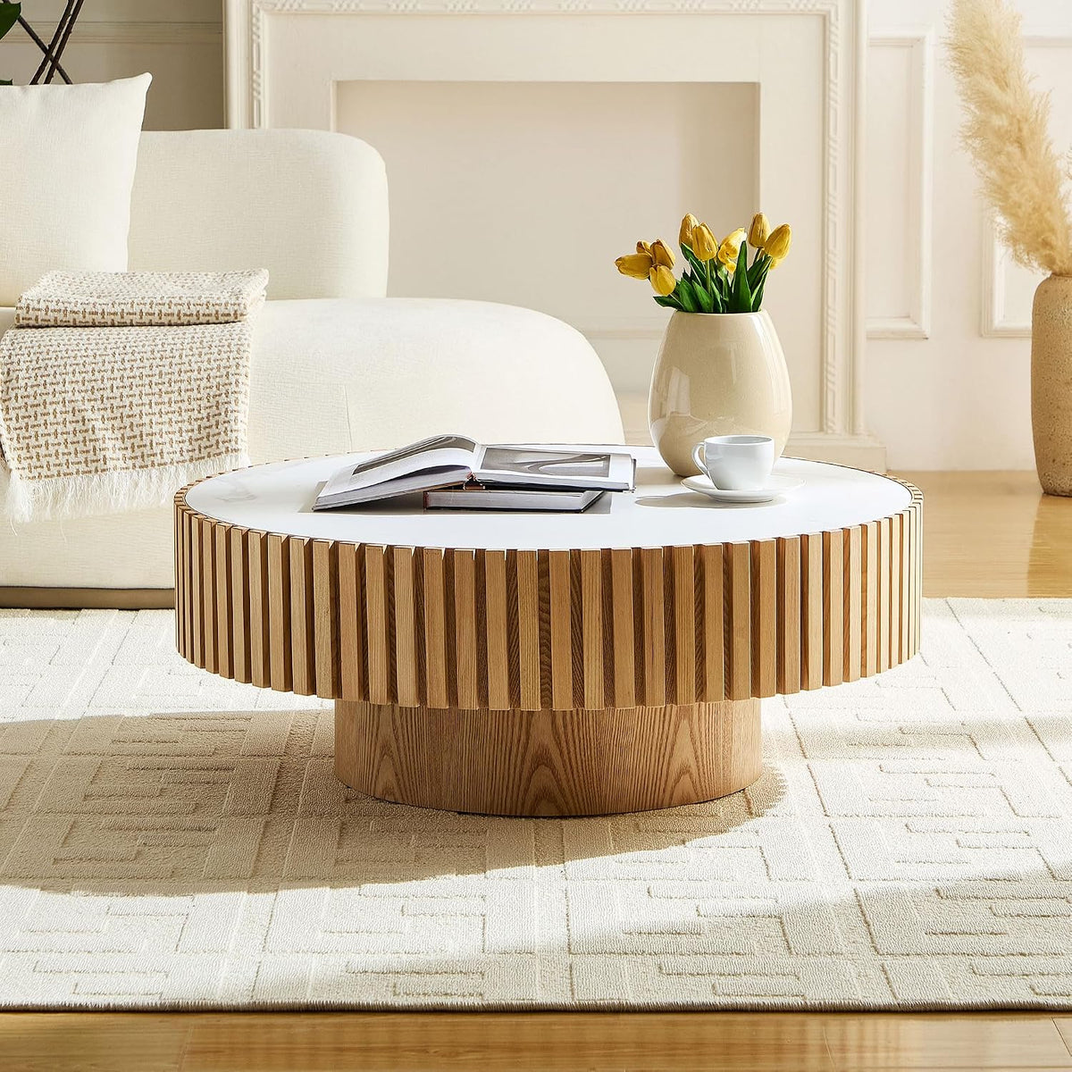 35.43" Oak Round Wood Coffee Tables with Faux Marble White Sintered Stone Tabletop, Contemporary Modern Farmhouse Boho Fluted Drum Circle Wooden Pedestal Center Table for Living Room Apartment Natural