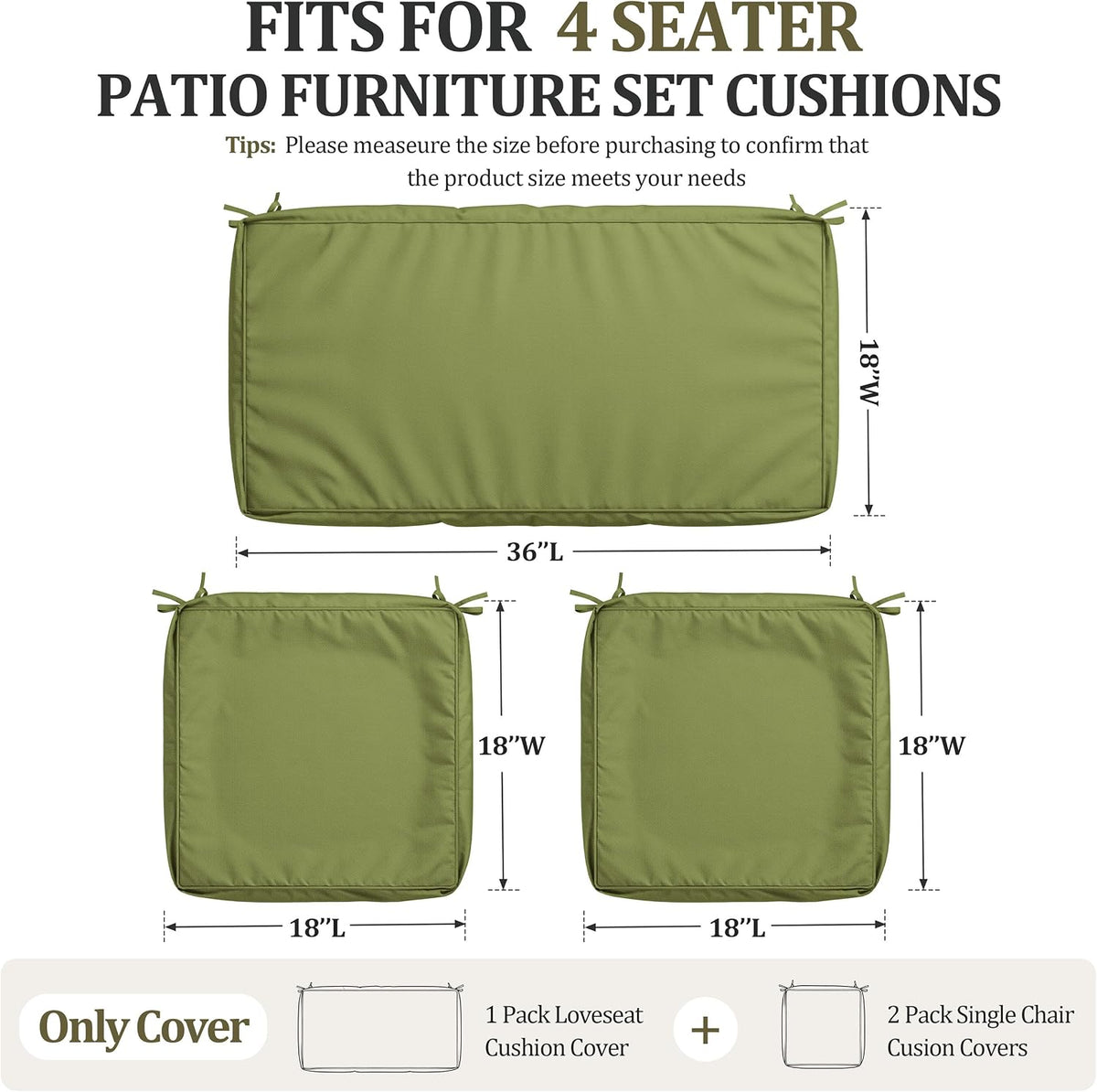 3 Pcs Outdoor Patio Furniture Cushion Replacement Cover, Cover Only
