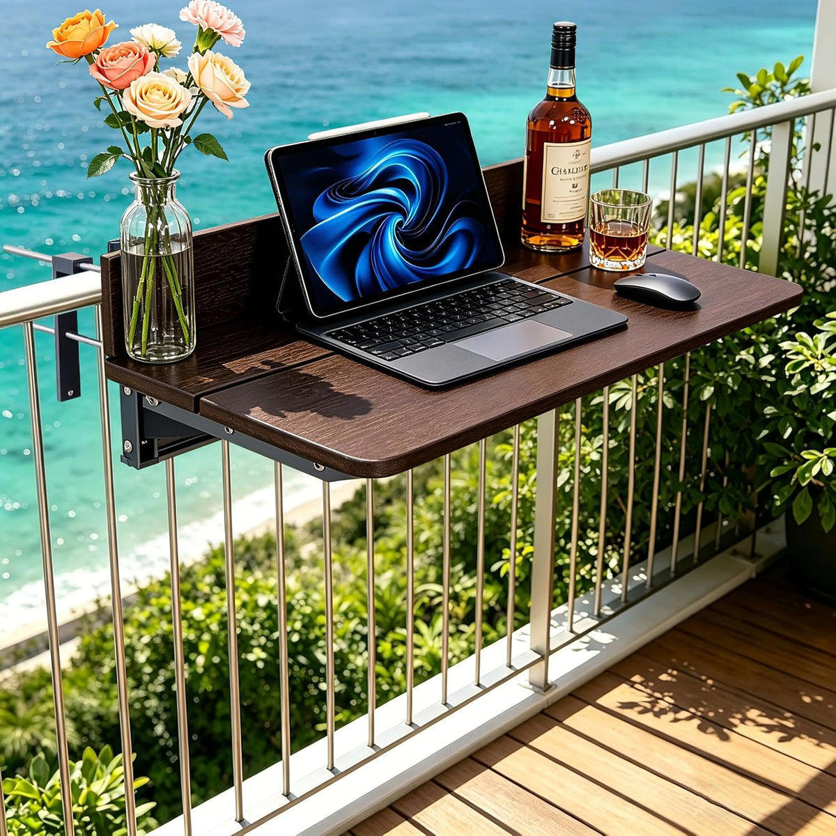 Balcony Bar Table for Railings, Outdoor HDPE Hanging Folding Adjustable Height Deck Rail Table for Patio, Garden, Rustproof Aluminum Alloy Frame,Weather Resistant, Easy Assembly