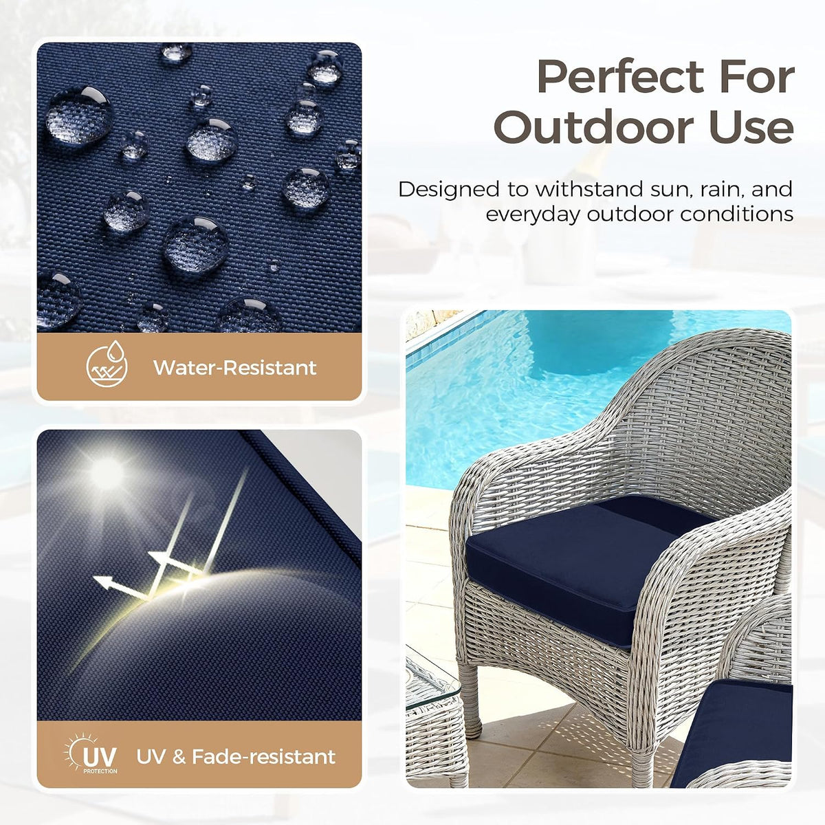 UNIKOME Outdoor Chair Cushions Set of 4, Water Resistant Patio Seat Cushions with Ties for Outdoor Furniture, High-Density Foam, UV & Fade Resistant, Piped Edge – 18.5" x 16" x 3", Navy