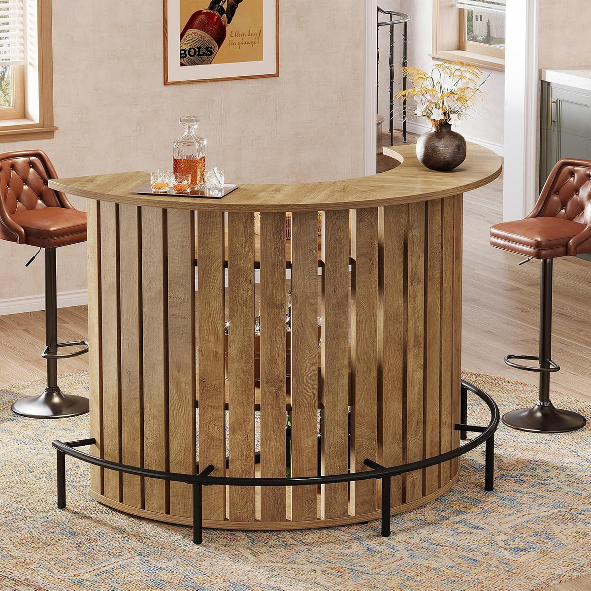Tribesigns 4-Tier Bar Table, 47.24" Mini Home Bar Table with Footrest, Arc-Shaped Modern Bar Cabinet for Home, Living Room, Light Brown