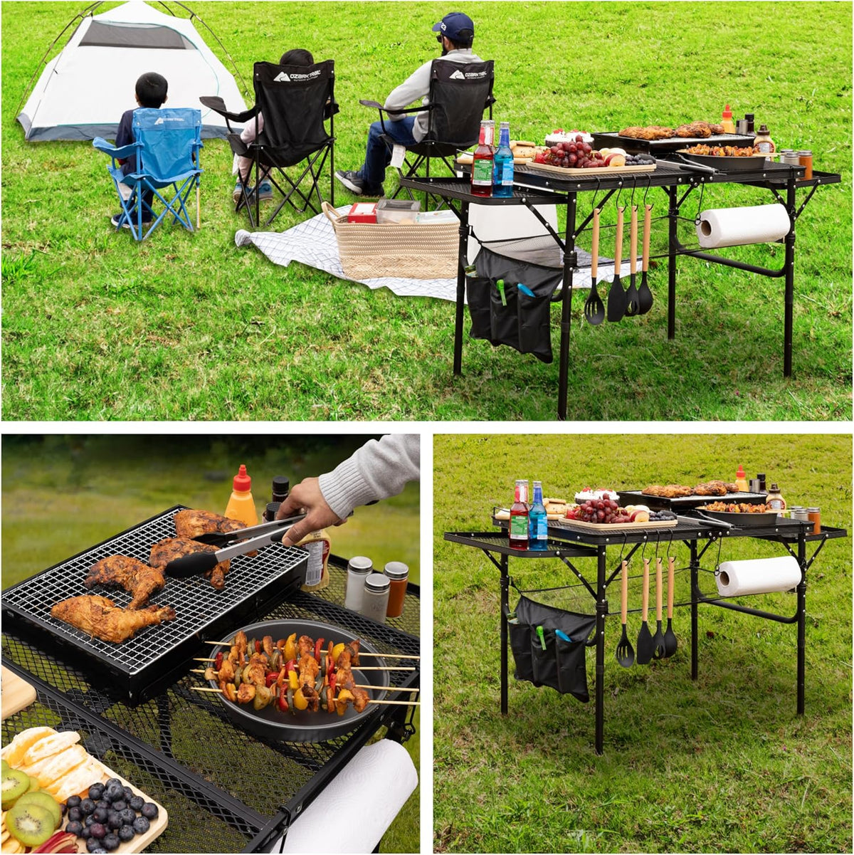 Folding Table w/ Carry Bag, Paper Towel Holder, Garbage Holder, Wing Panels, 3x2 FT Foldable Table for Portable Grill, Picnic, Outdoor, Beach, Small Folding Table Adjustable Height,Camping Table, BBQ