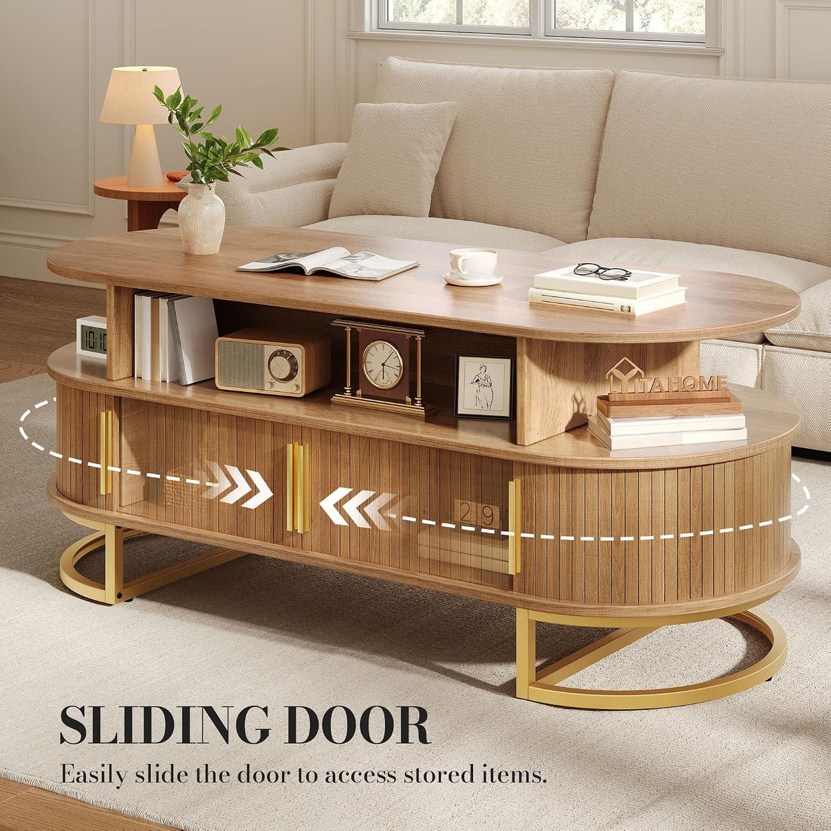 YITAHOME 47.2" Oval Coffee Table with Sliding Doors, Storage, Natural Oak