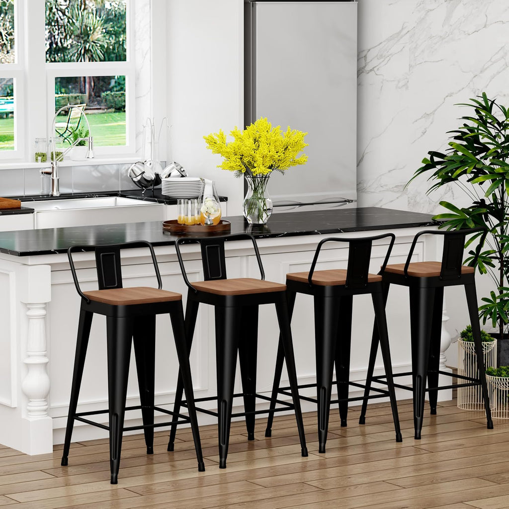 Yongchuang 24" Metal Barstools Set of 4 Counter Bar Stools with Wood Top Low Back Matte Black