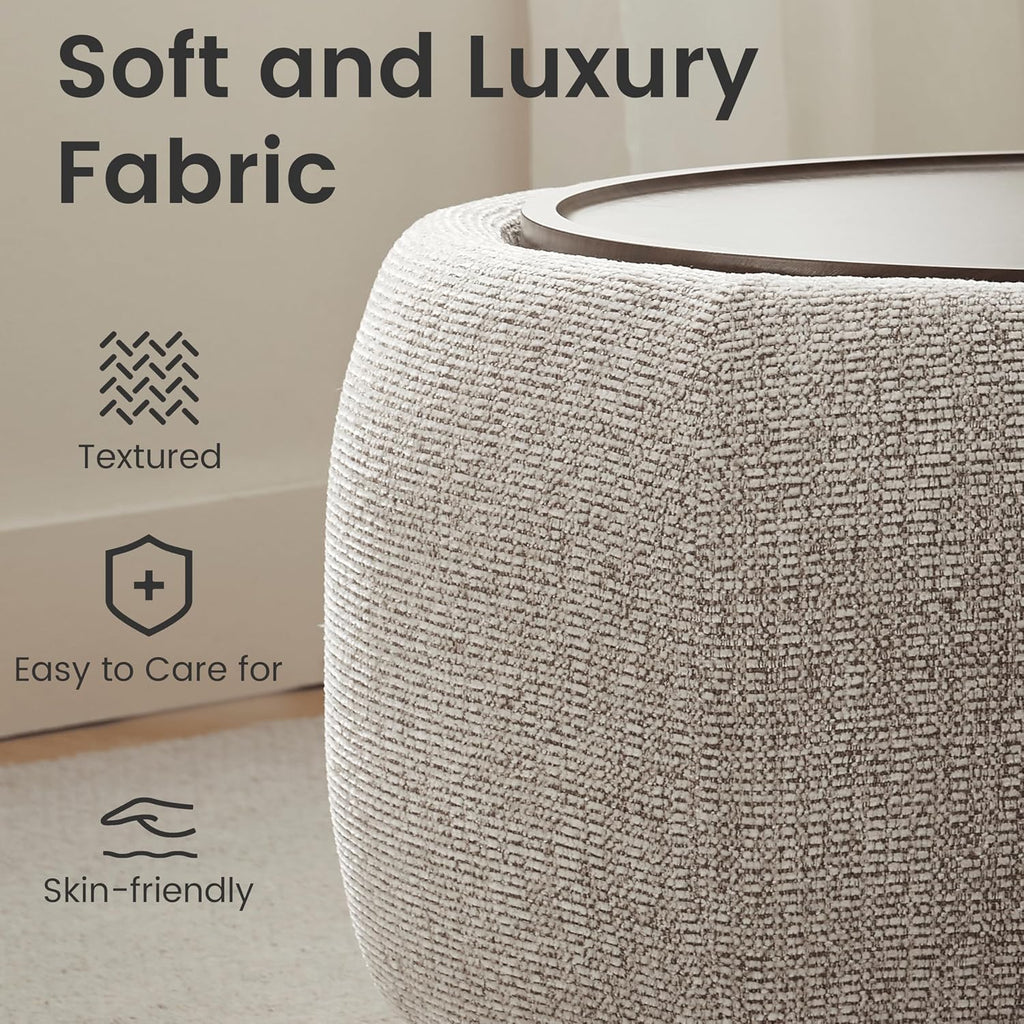 VKNOW 30 Inch Fabric Round Storage Ottoman with Wood Lift-Off Lid, Brown