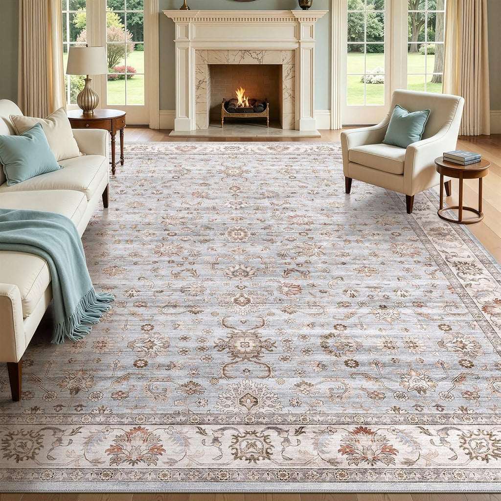 WITSHOCK Washable Area Rug 12x15 Non-Slip Floral Carpet, Gray/Light Blue