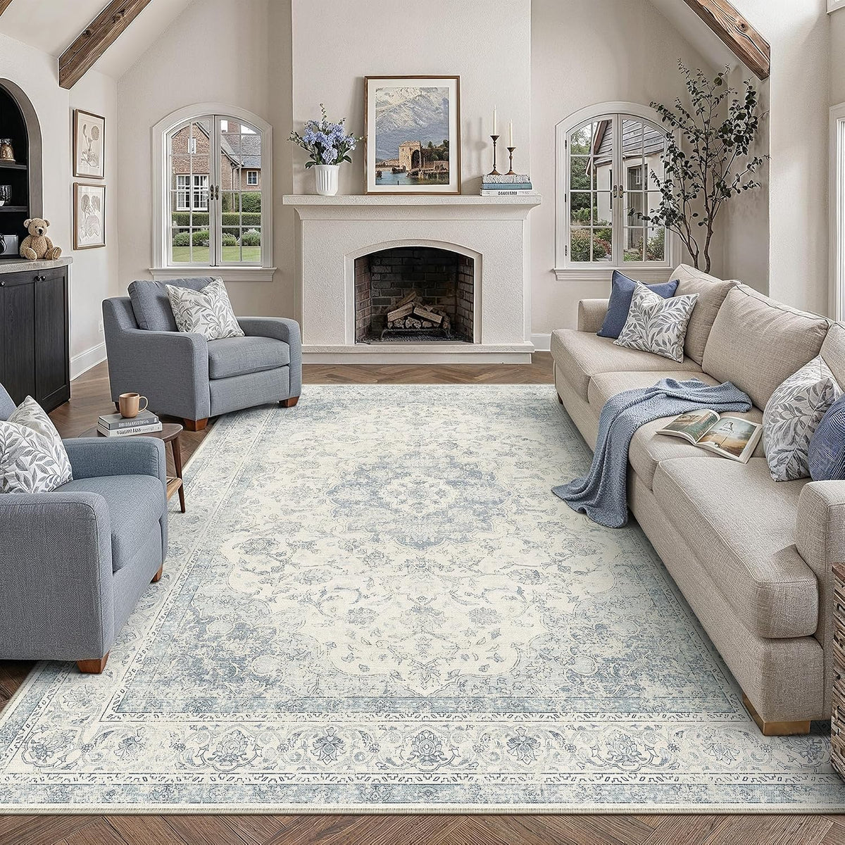 8x10 Blue Washable Area Rug Non Slip Vintage Carpet