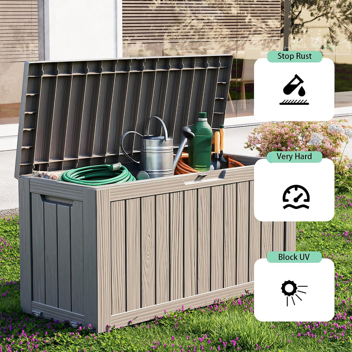 PatioZen 75 Gallon Outdoor Deck Box,Waterproof Resin Outdoor Storage Boxes, Outside Storage Lockable Container for Garden Tools,Indooor Cushions,Accessories (Grey)