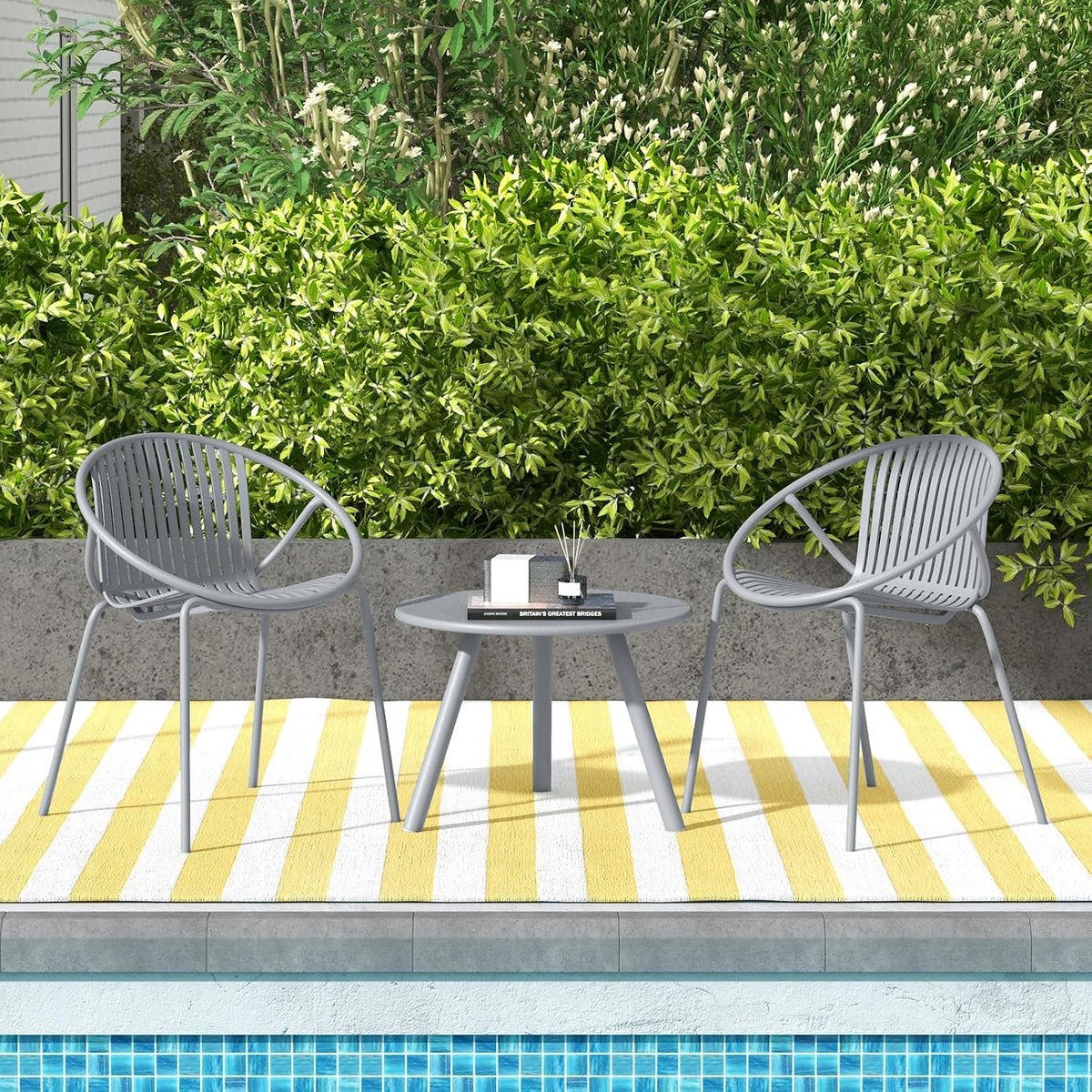 Tangkula 3-Piece Bistro Set - All-Weather PP Patio Conversation Set, Heavy-Duty Metal Frame Outdoor Acapulco Chair Set with Round Coffee Table, Perfect for Deck or Balcony (Gray)