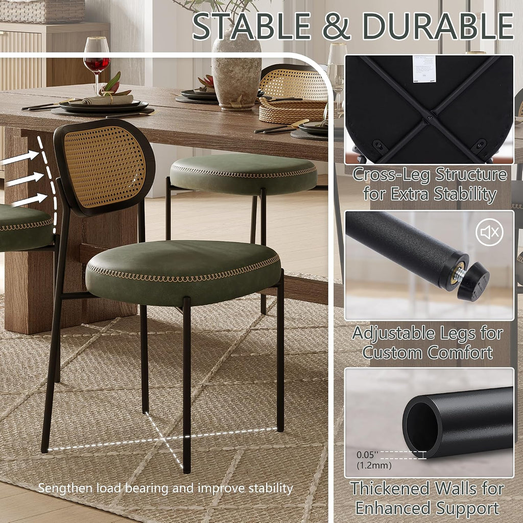 Rattan Dining Chairs Set of 4, Green Leather Upholstered Dining Chairs with Rattan Cane Back, Mid Century Modern Dining Room Chairs with Black Metal Legs & D-Shaped Thicken Cushion, Green