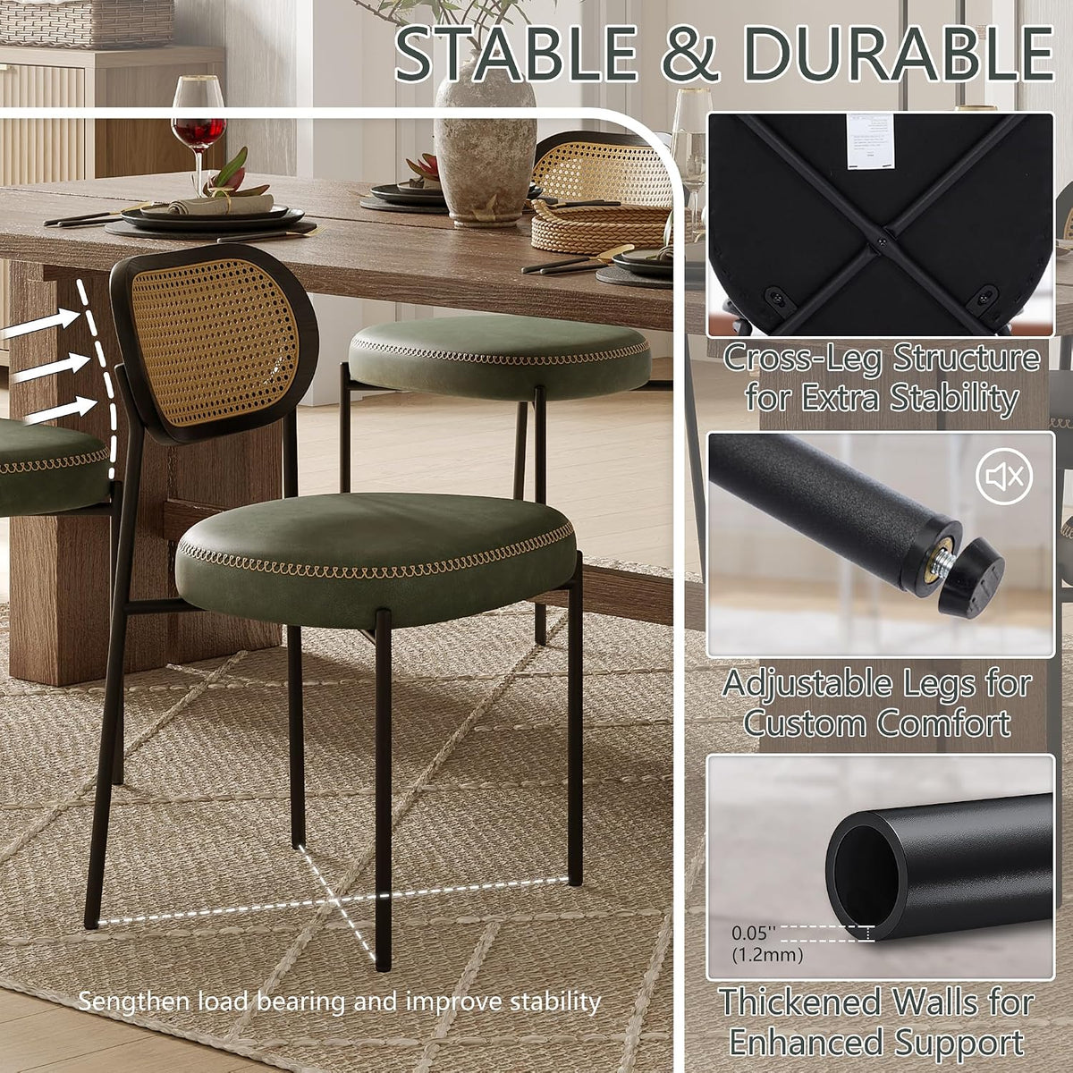 Rattan Dining Chairs Set of 4, Green Leather Upholstered Dining Chairs with Rattan Cane Back, Mid Century Modern Dining Room Chairs with Black Metal Legs & D-Shaped Thicken Cushion, Green
