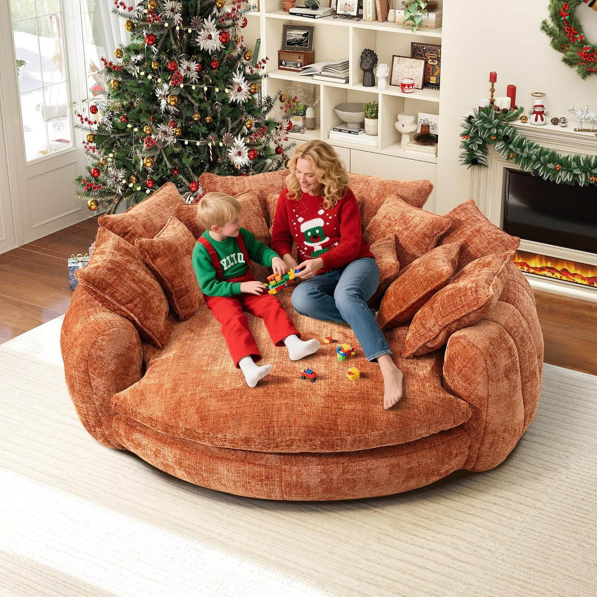 81.1" Cloud Couch Sleeper Sofa, Oversized Round Chaise Lounge Chair Indoor, Modern Chenille Boneless Couch with 14 Pillows, Upholstered Barrel Daybed, Memory Foam Sofas for Living Room, Orange