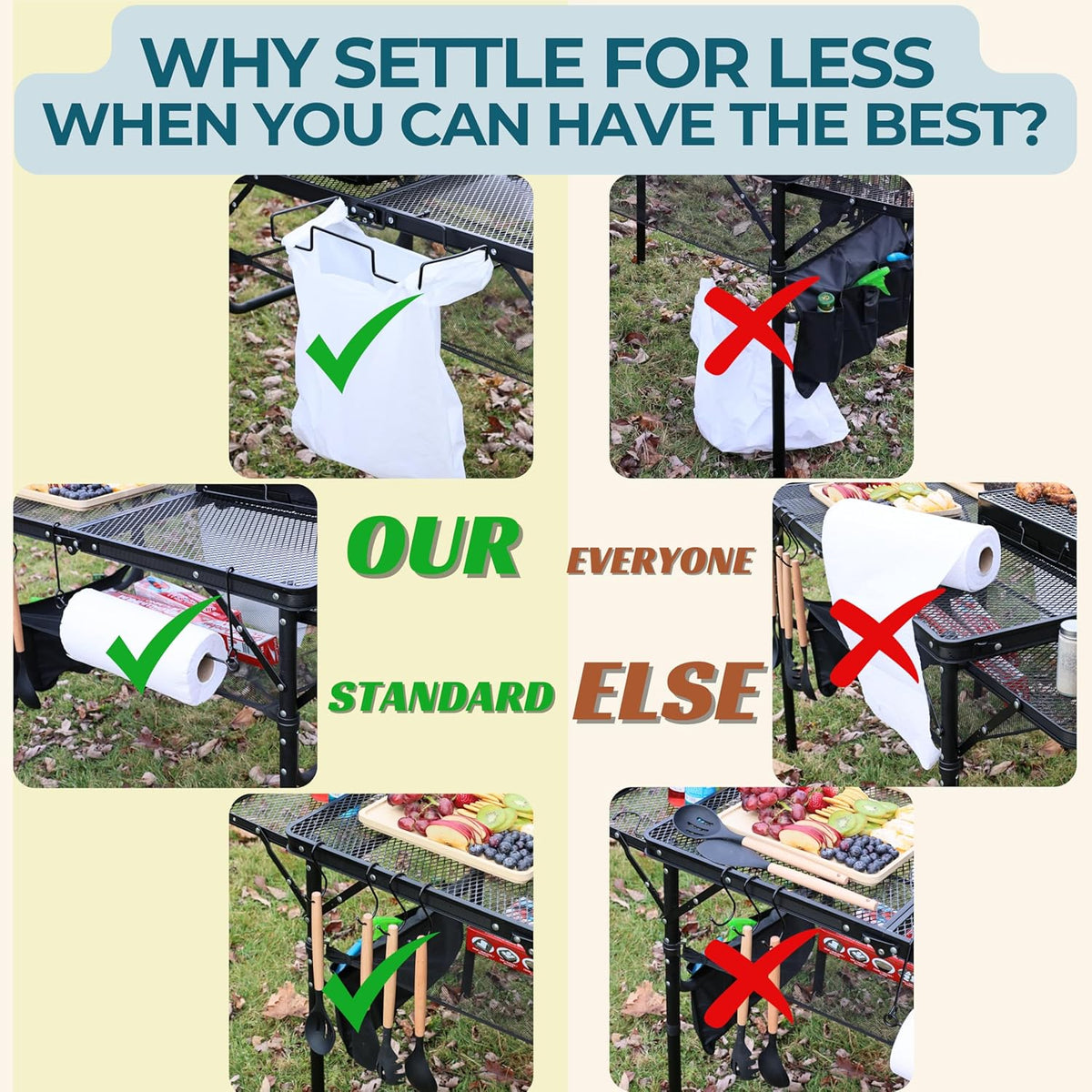 Folding Table w/ Carry Bag, Paper Towel Holder, Garbage Holder, Wing Panels, 3x2 FT Foldable Table for Portable Grill, Picnic, Outdoor, Beach, Small Folding Table Adjustable Height,Camping Table, BBQ