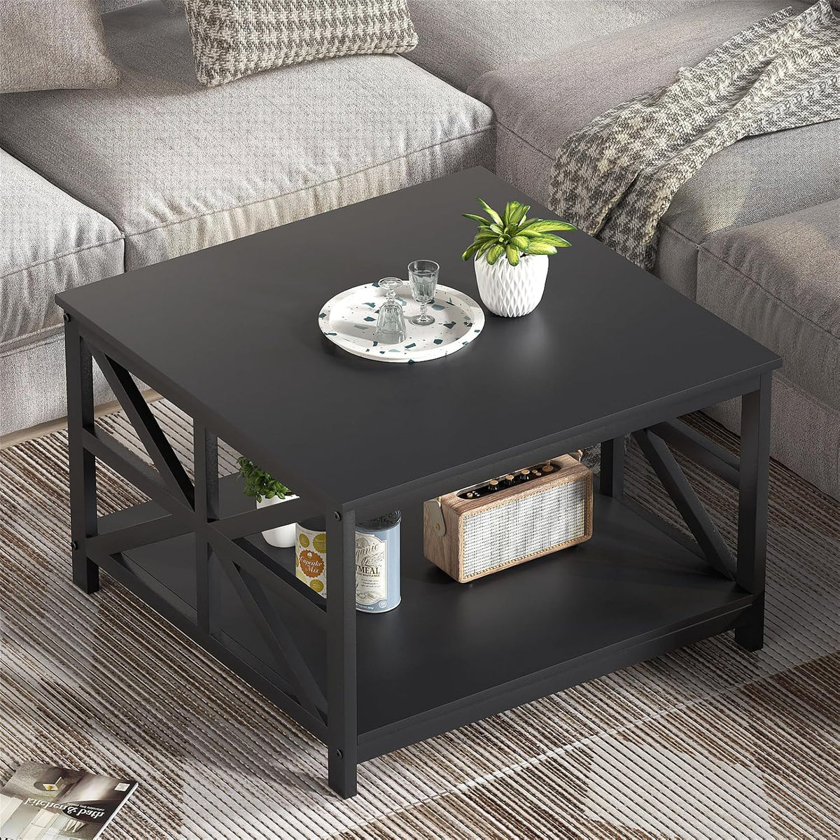 GreenForest 27.55 Inch Square Coffee Table with 2 Tier Storage