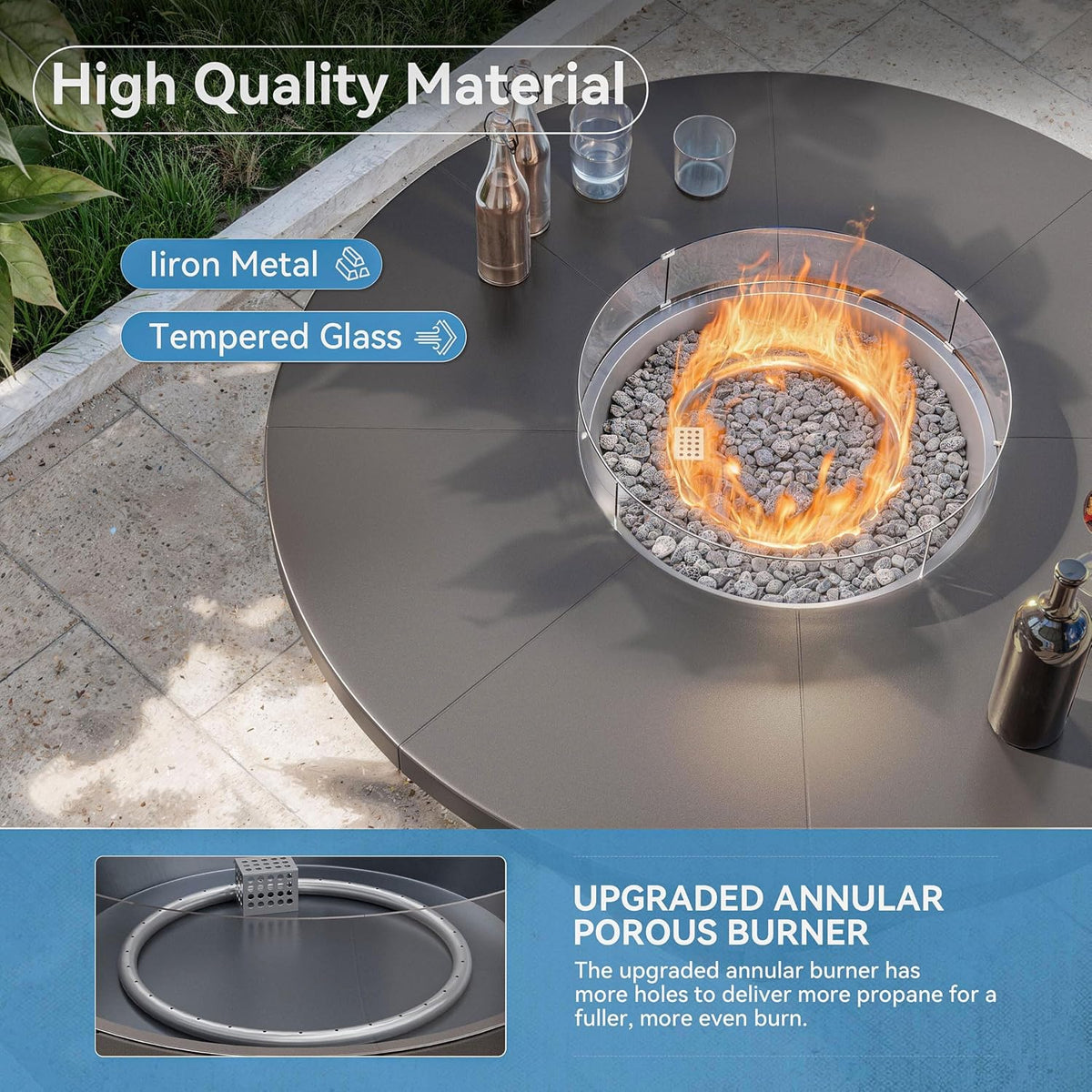 7 Piece Metal Outdoor Patio Furniture Set with 48"/55000 BTU Round Fire Pit Table,Outdoor Dining Table Set 6 Swivel Chairs No-Slip Cushions and Waterproof Covers,Sand