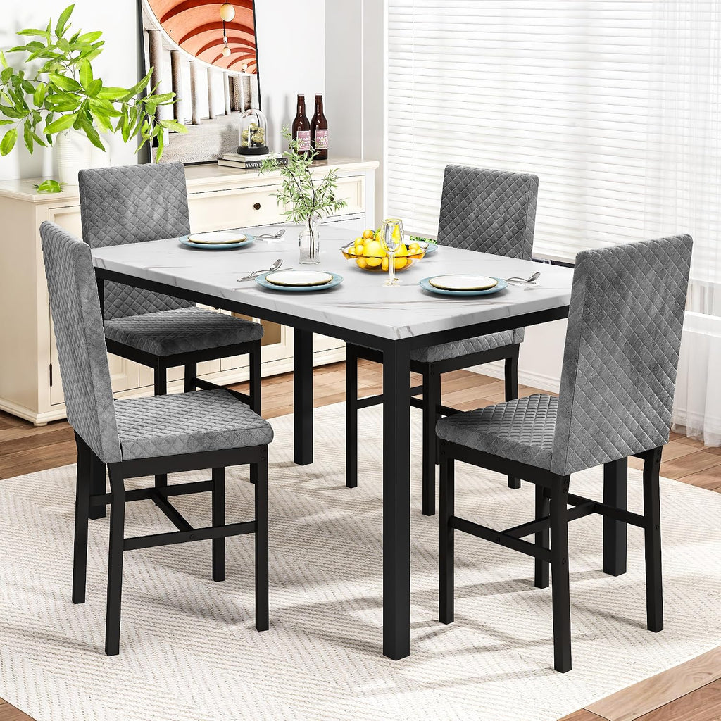 DKLGG Dining Table Set for 4, Faux Marble Kitchen Table with Velvet Upholstered Dinner Chairs, Small Dining Room Sets for Small Space Apartment Home