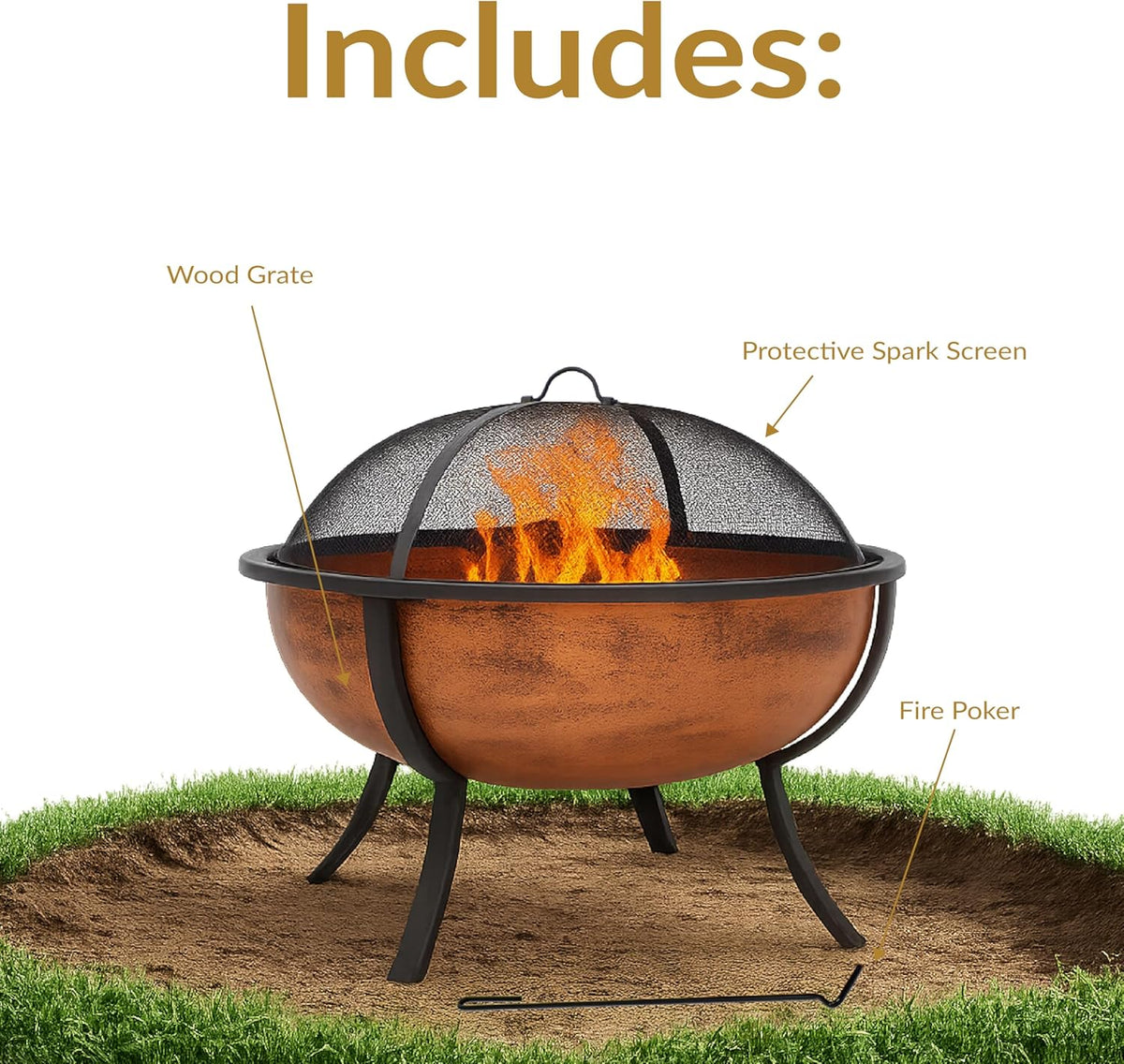 Sunnydaze Round Steel Outdoor Wood-Burning Fire Pit, 32", Copper