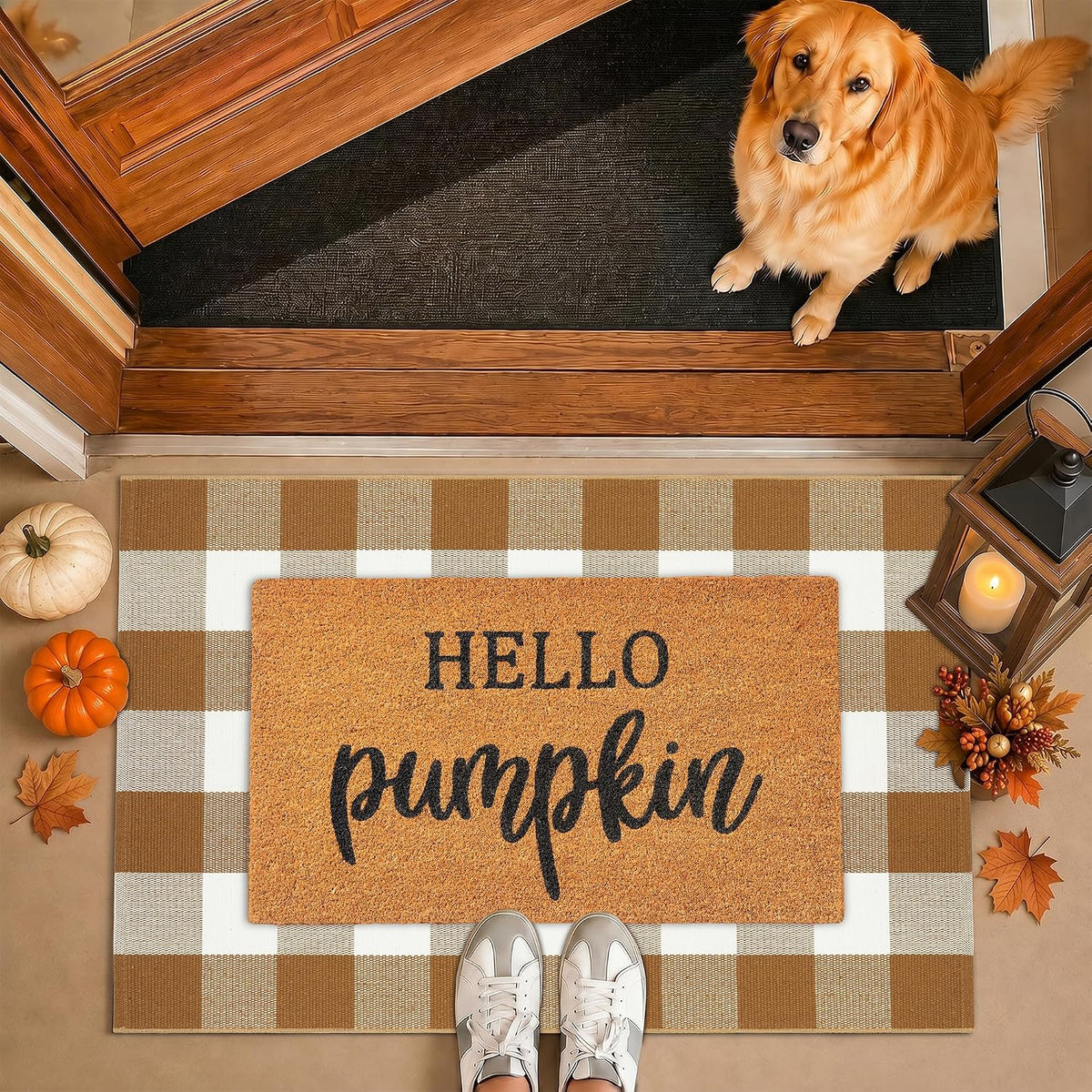 Fall Decor Door Mat Combo Set, 100% Coco Coir Welcome Mat + 28 x 43 Inches Coffee and White Plaid Rug - Fall Thanksgiving Front Porch Entryway Floor Doormat, Indoor Outdoors Autumn Mats Hello Pumpkin