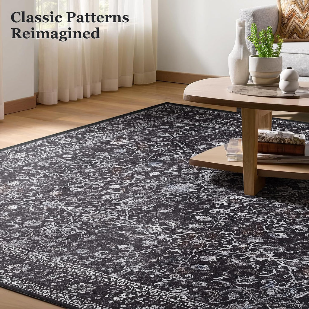 Washable Dark 5x8 Area Rugs, Vintage Farmhouse Earth Tone Carpet for Living Room Bedroom, Low Pile Thin Rug with Non Slip Rubber Backing for Dining Room Kitchen Home Office