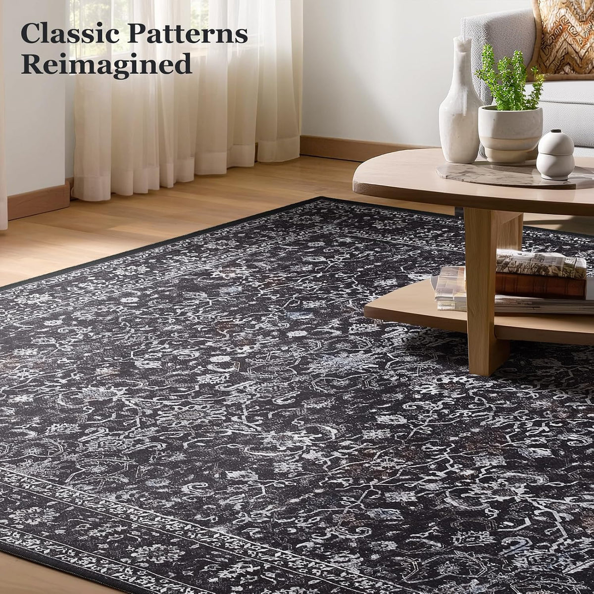 Washable Dark 5x8 Area Rugs, Vintage Farmhouse Earth Tone Carpet for Living Room Bedroom, Low Pile Thin Rug with Non Slip Rubber Backing for Dining Room Kitchen Home Office