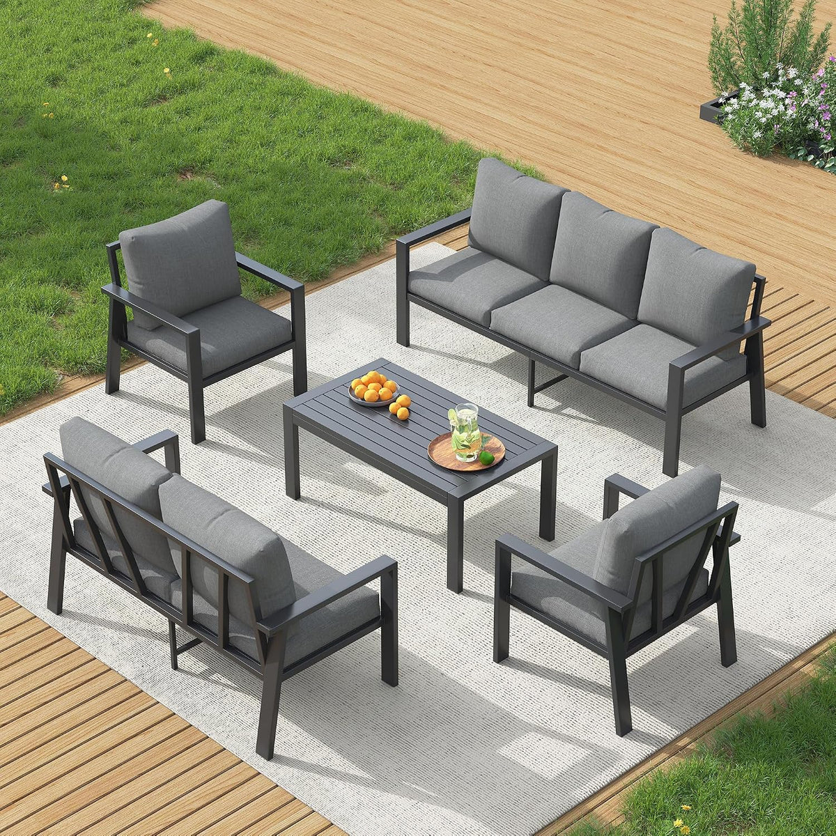 UDPATIO Aluminum Outdoor Patio Furniture Set 5 Pieces Metal Conversation Sets 7 Seat Sectional Sofa Modern Seating Set with Coffee Table for Outdoor Garden Backyard, Dark Grey