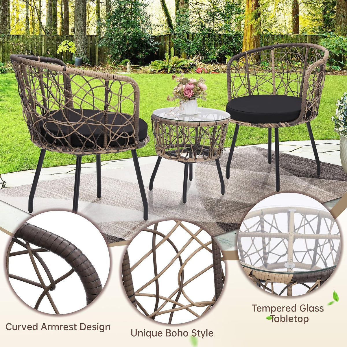 Kromax 3-Piece Patio Modern Bistro Set, Natural/Black