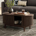 LINSY HOME Oval Coffee Table, Wood Coffee Table with Storage, Fluted Accent Center Table with Sliding Tambour Door, 39" Mid Century Modern Coffee Tables for Living Room, Bedroom, Apartment, Walnut