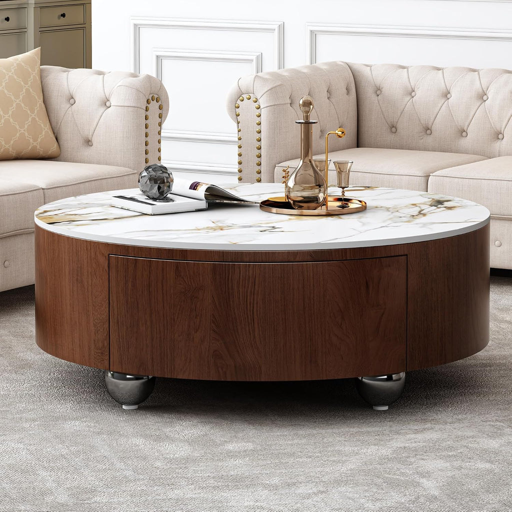 35” Round Coffee Table with Hidden Storage Drawers, Mid Century Modern Center Table with Faux Marble Tabletop & Wheels for Living Room, Home Office, Apartment, Walnut Brown+White