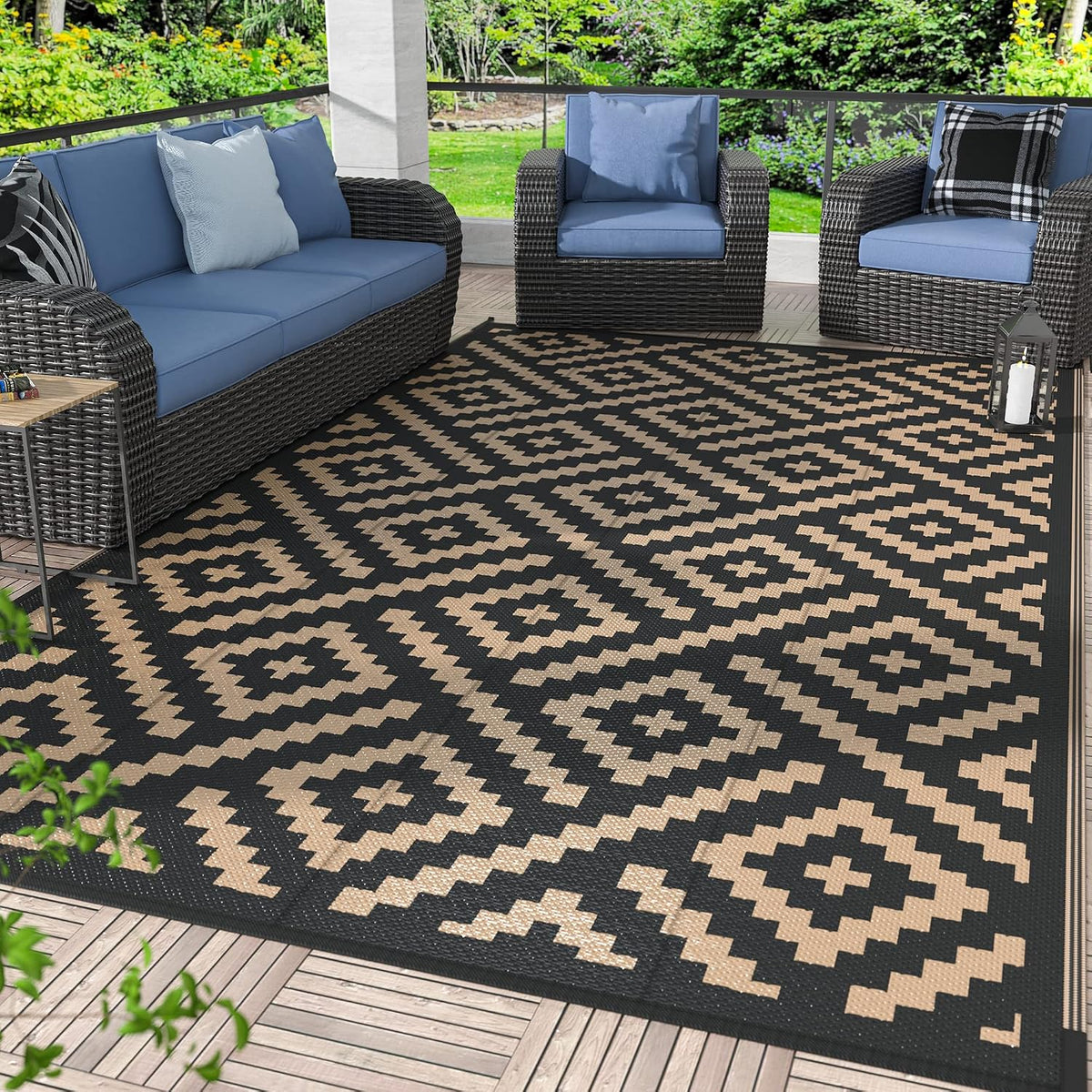 GENIMO 5x8 Outdoor Rug Waterproof, Reversible Mats, Area Rug, Plastic Outside Carpet, Geometric Rv Mat for Patio Camping Rv Picnic Backyard Deck Balcony Porch Beach Trailer (Black & Brown)