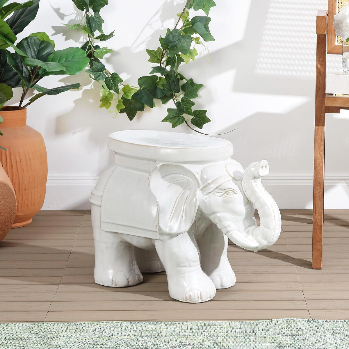 JONATHAN Y White Elephant Ceramic Garden Stool 14.25", Antique White