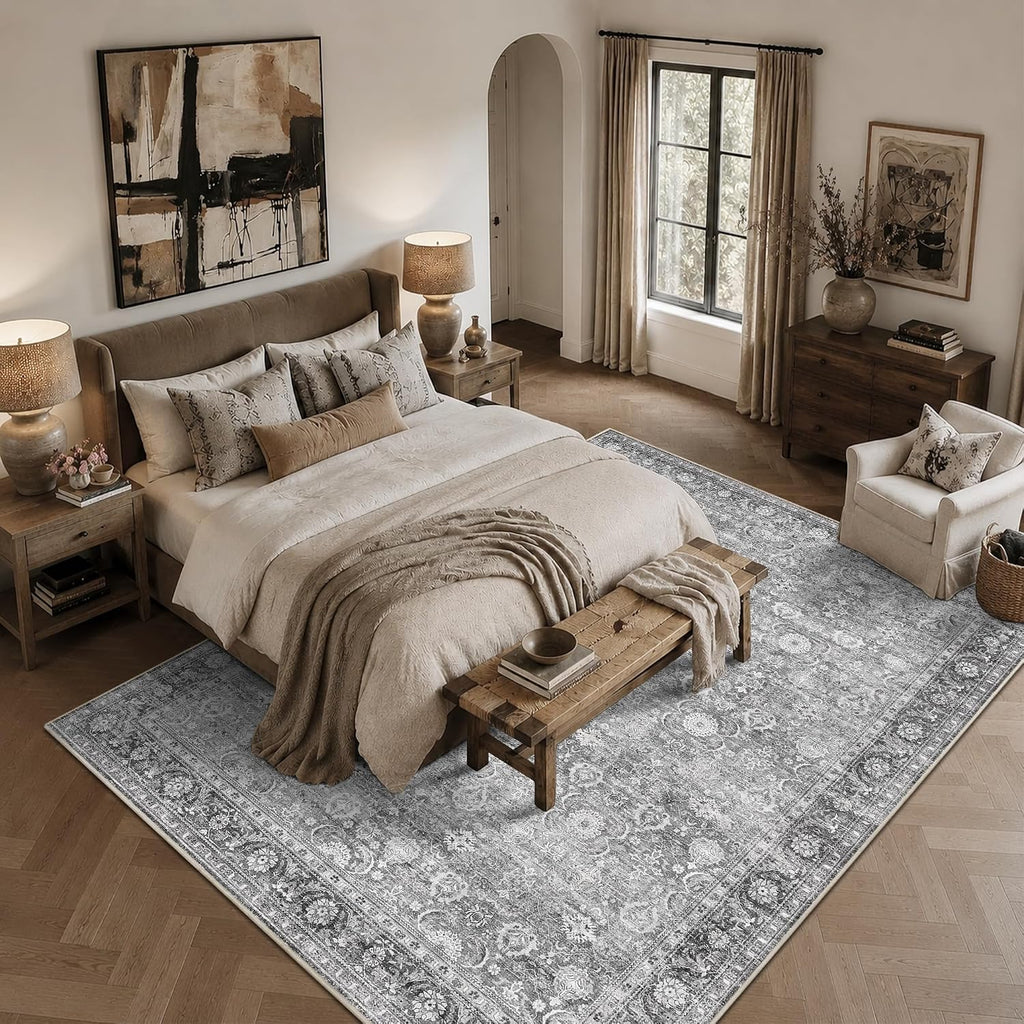 JOOJA 8x10 Grey Vintage Soft Low Pile Non Slip Boho Washable Area Rug