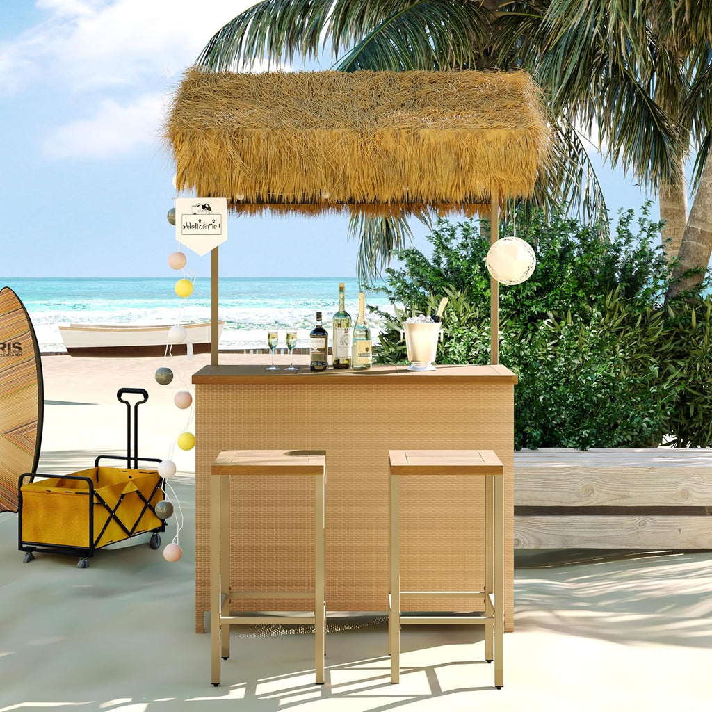 LUMISOL 3pcs Outdoor Bar Set, Hawaiian Style Bar Height Patio Set with PE Grass Canopy, Acacia Wood Top and Adjustable Feet, 3 Piece Wicker Island Bar and 2 Stools Set, Natural