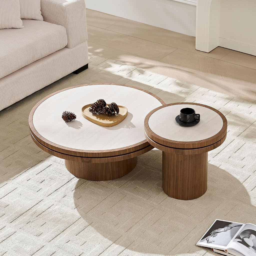 Sintered Stone Coffee Table Set of 2, 2 Piece Coffee Table and End Table Set with Sintered Stone Top, Modern Center Circle Side Tables for Living Room Bedroom, Walnut