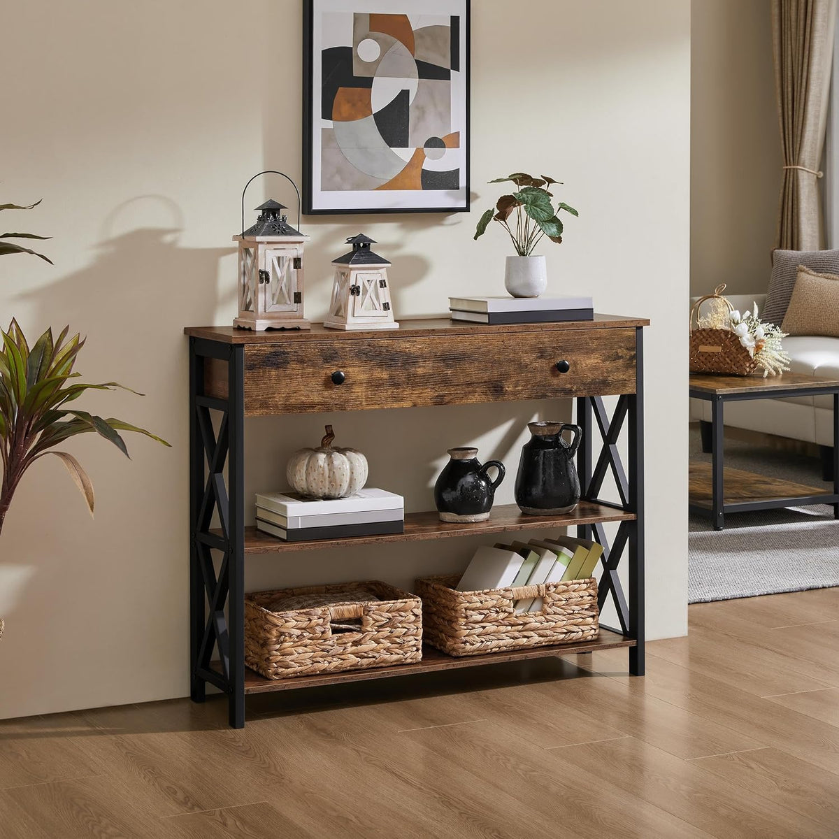 Yaheetech Console Table with Drawer, Rustic Entry Table with 3 Tier Storage