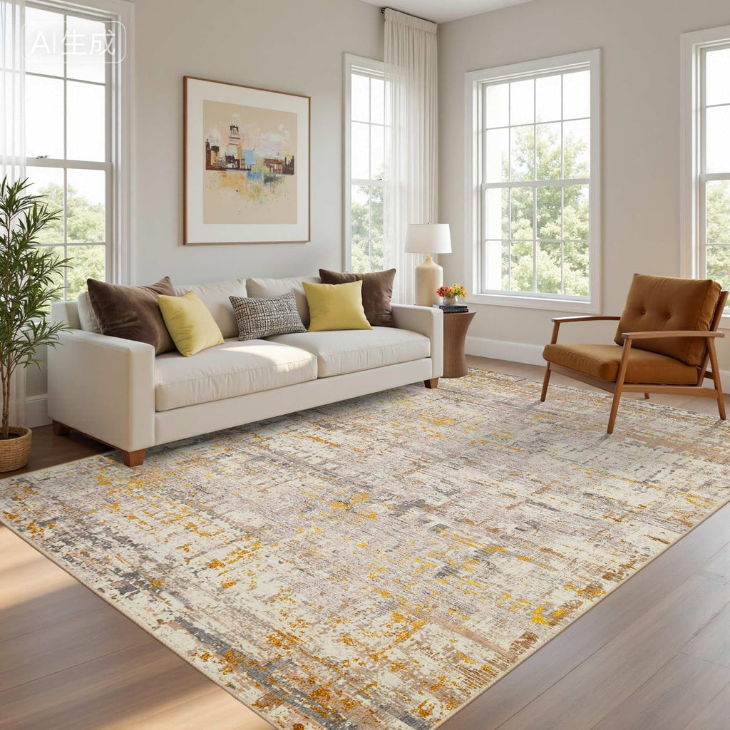 5x7 Neutral Abstract Area Rug, Beige Gold Carpet for Living Bedroom Dining
