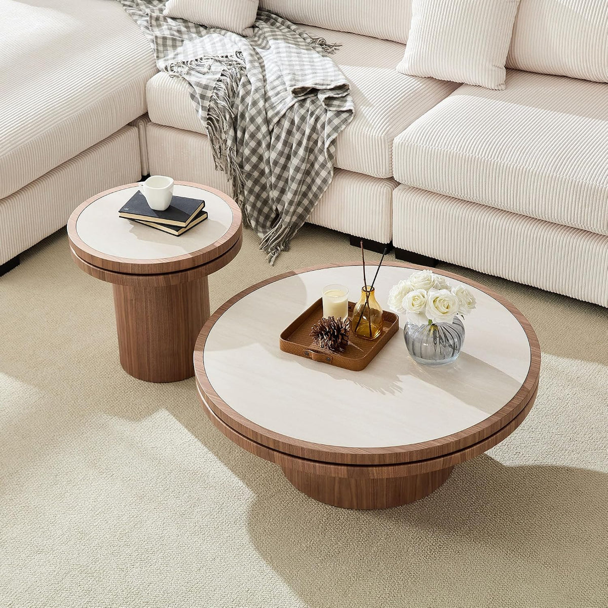 Sintered Stone Coffee Table Set of 2, 2 Piece Coffee Table and End Table Set with Sintered Stone Top, Modern Center Circle Side Tables for Living Room Bedroom, Walnut