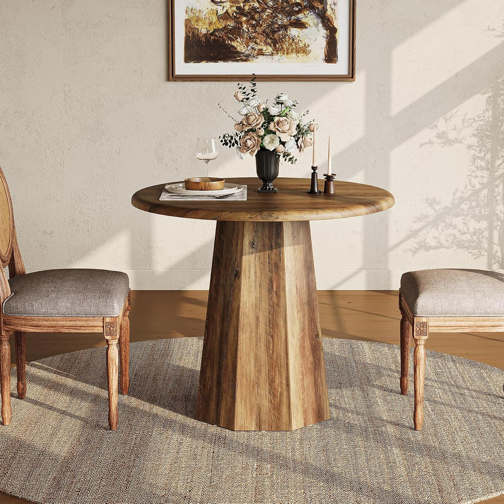 LITTLE TREE 31.5" Round Dining Table for 4, Wood Kitchen Table with Wooden Tabletop and Octagonal Base for Dining Room, Apartments, Office & Restaurants, Deep Brown
