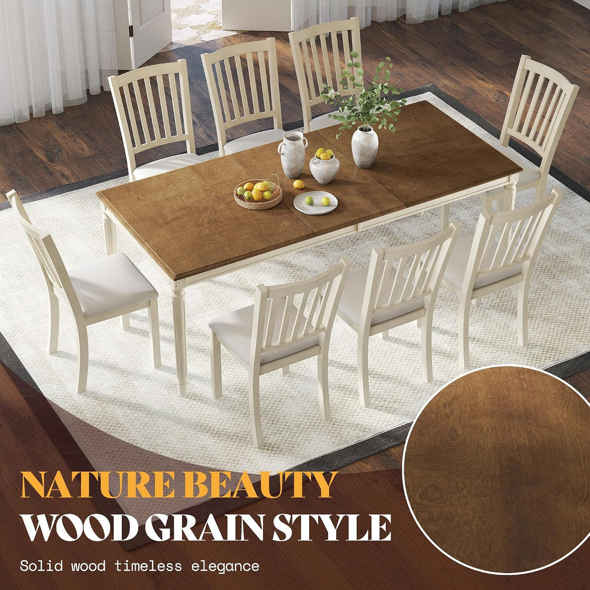 AMERLIFE 9 Piece Farmhouse Dining Table Set with 79" Table, Cream