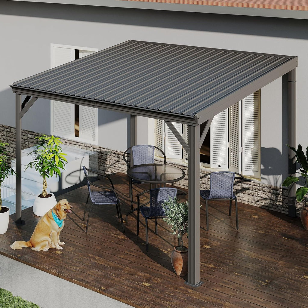 Domi 10'x10' Hardtop Lean-to Wall-Mounted Gazebo Pergola,Grey