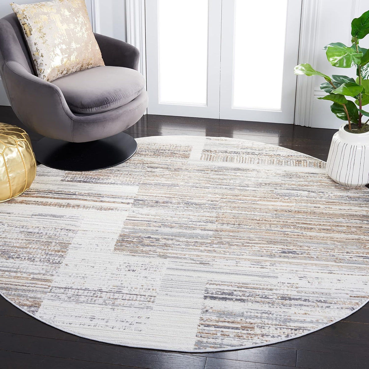 SAFAVIEH Shivan Collection Area Rug - 6'7" Round, Ivory & Grey, Modern Abstract Distressed Design, Non-Shedding & Easy Care, Ideal for High Traffic Areas in Living Room, Bedroom (SHV198F)