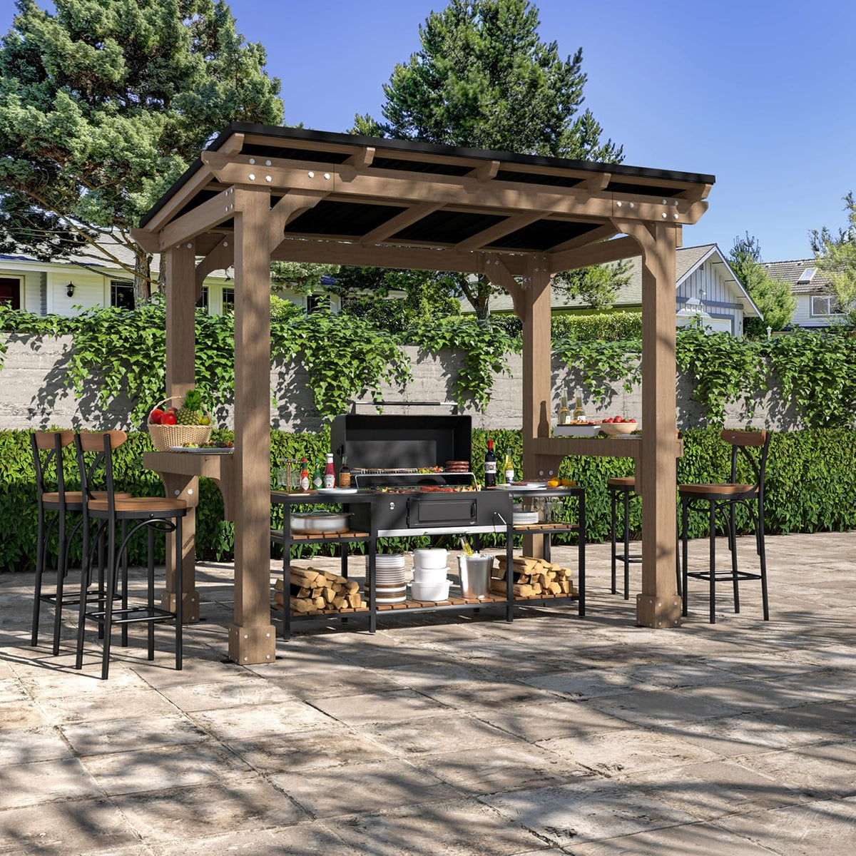 MUPATER 8 x 5 FT Outdoor Wooden Grill Gazebo with Sloping Metal roof, Heavy Duty BBQ Gazebo, Cedar Frame Pavilion with 2 Side Storage Shelves, BBQ Canopy for Patio, Lawn, Garden, Deck