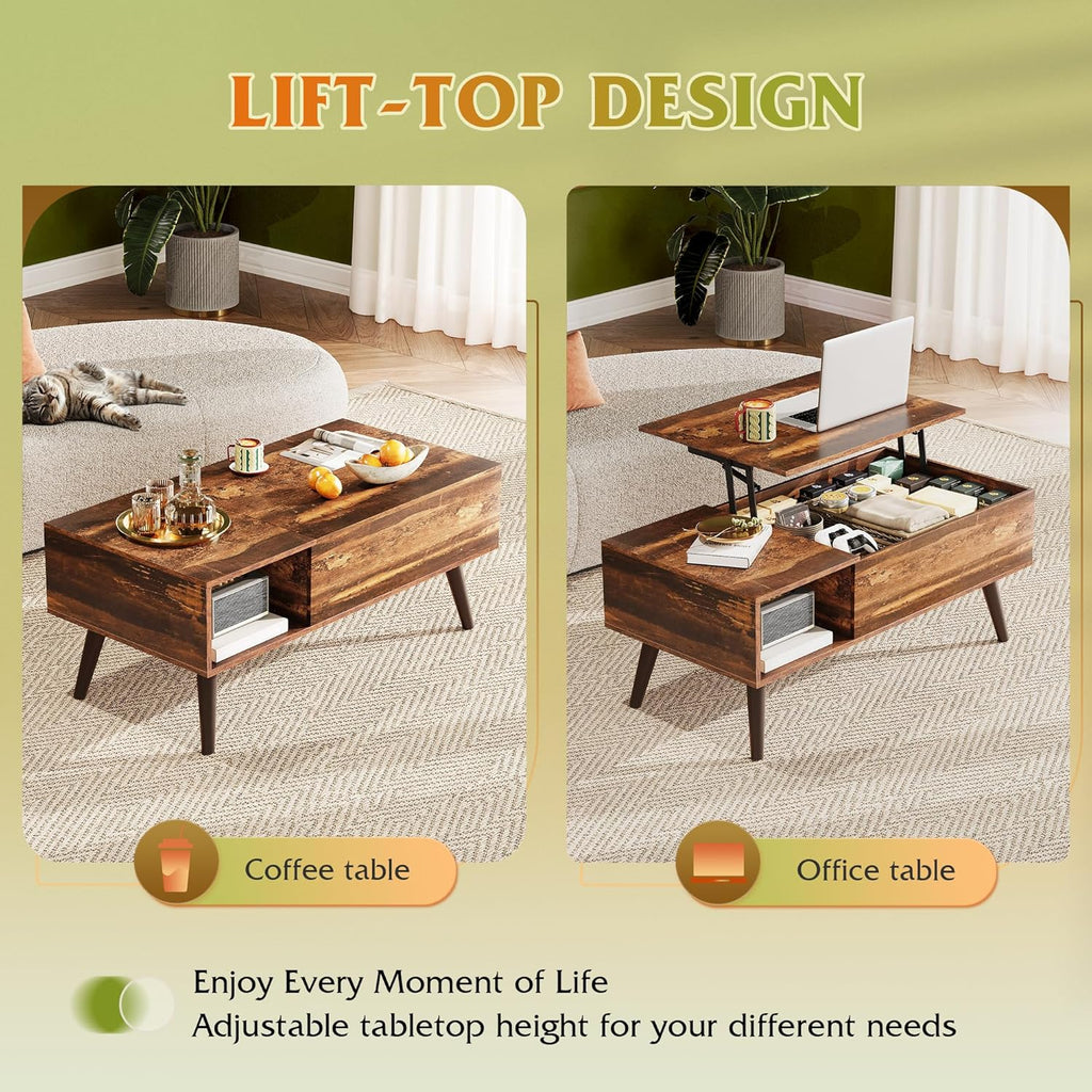 WLIVE Lift Top Coffee Table with Hidden Storage, Brown