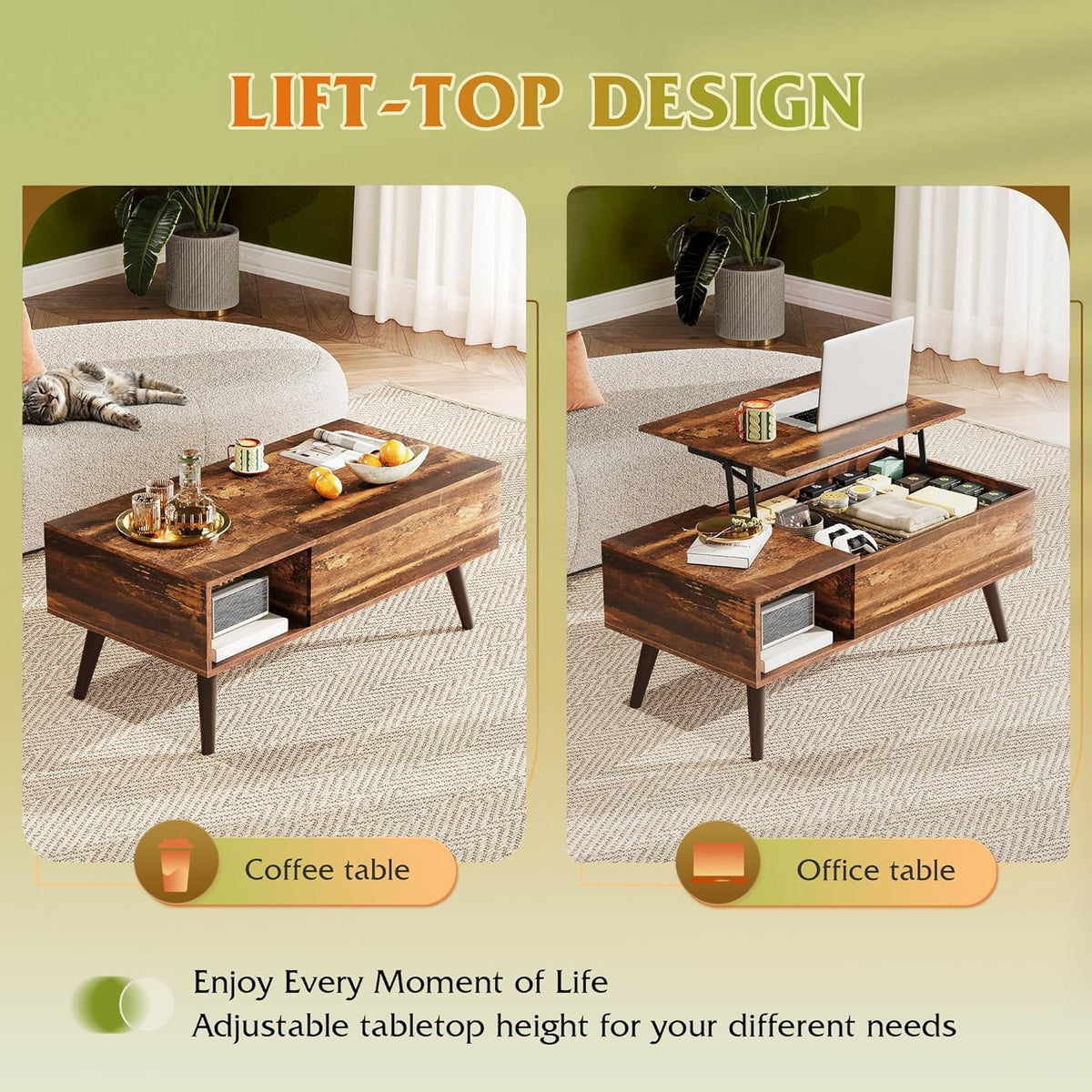 WLIVE Lift Top Coffee Table with Hidden Storage, Brown