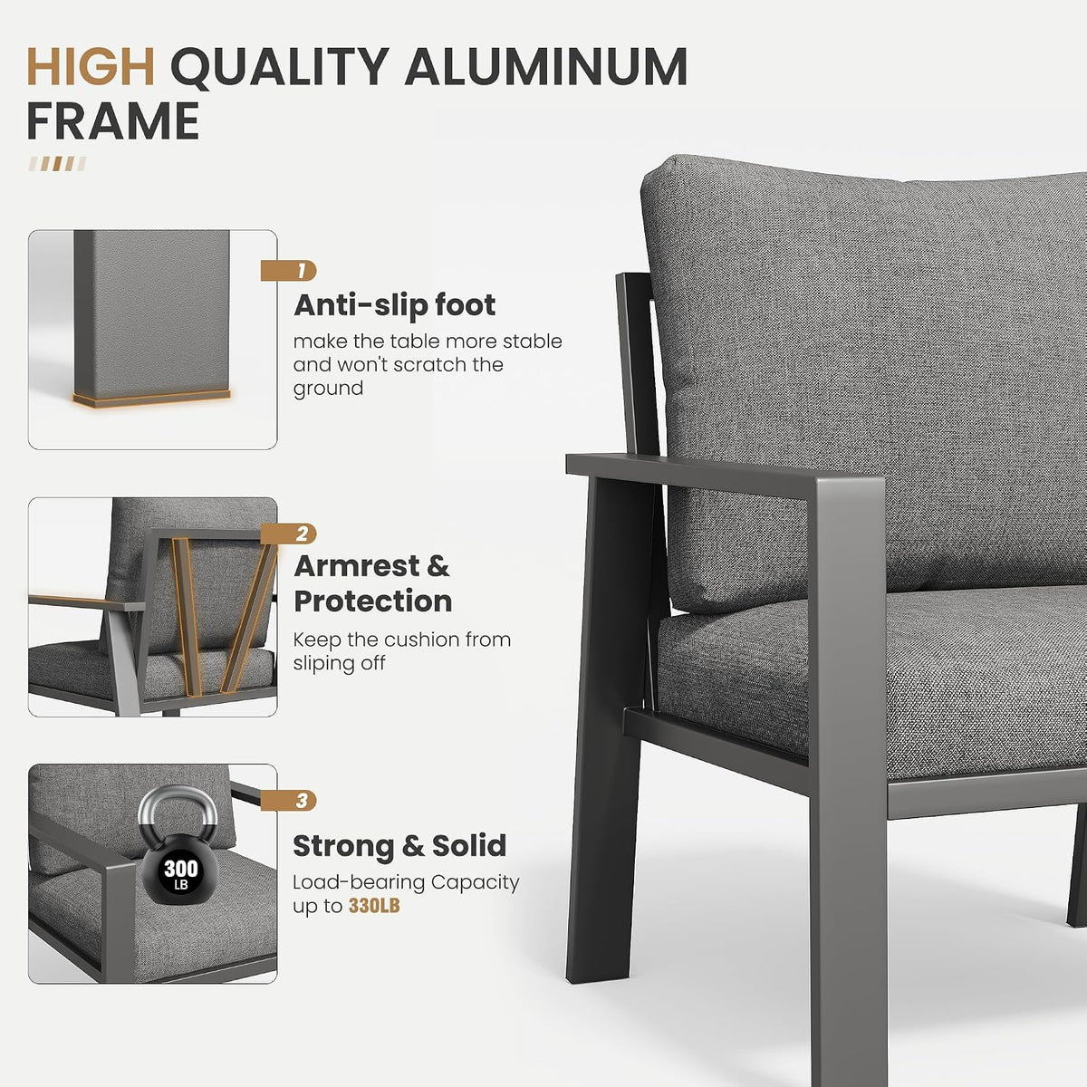 5 Pieces Aluminum Patio Conversation Set Metal Deck Outdoor Furniture 7-Seat All-Weather Rust-Proof Sectional Sofa Set with Removable Cushion for Balcony, Yard, Poolside & Small Spaces
