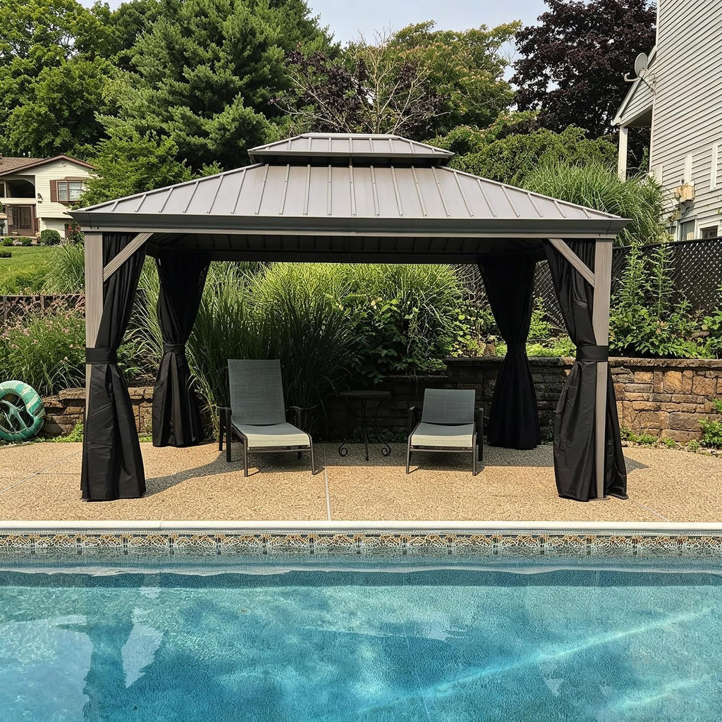 PURPLE LEAF Hardtop Gazebo 11' x 13' Patio Gazebo, Black Curtain & Netting