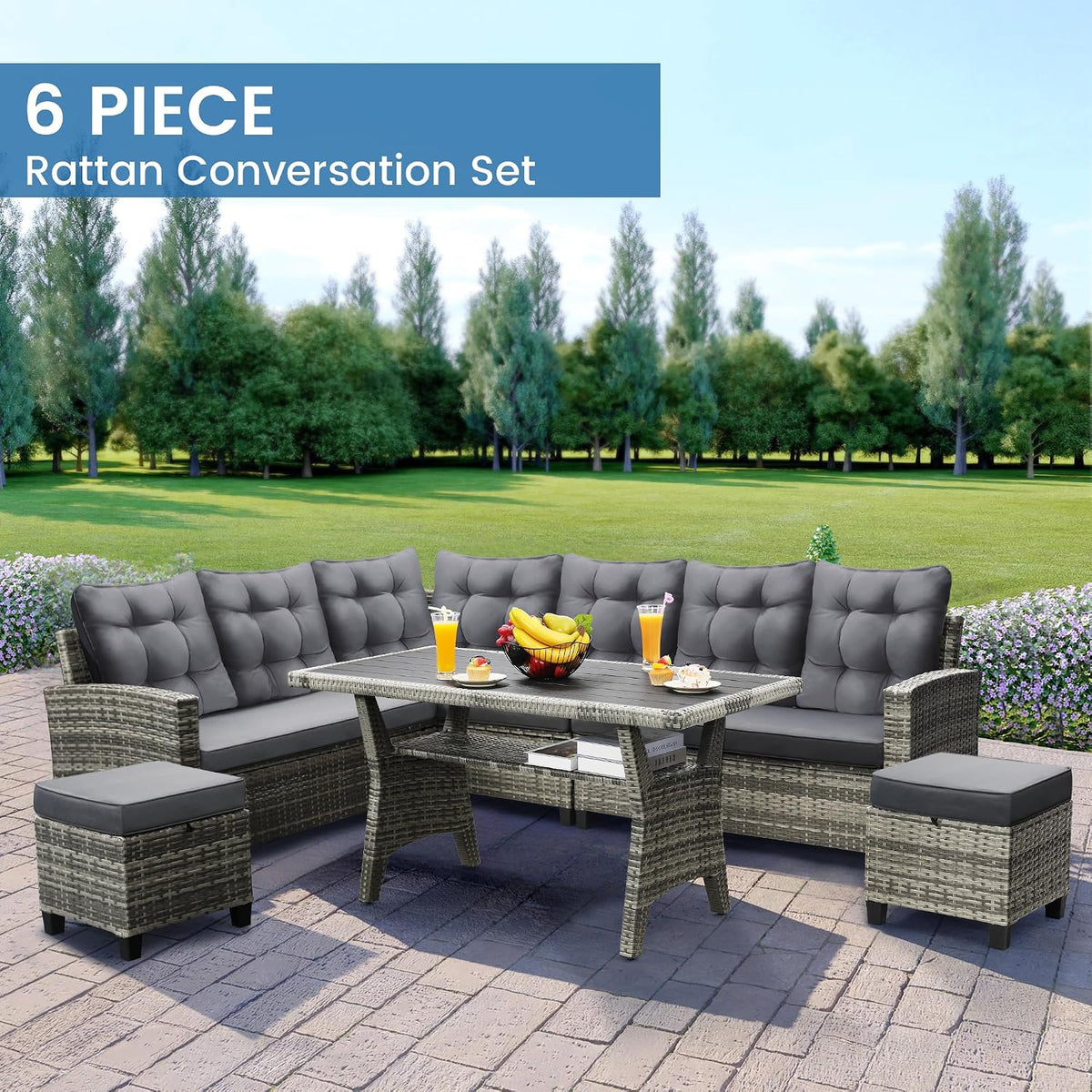 KROFEM 6 Piece Patio Furniture Set, Dining and Conversation Set