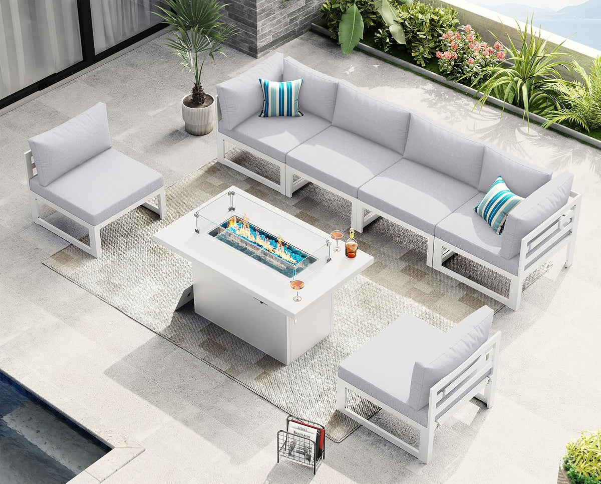 NICESOUL 7 Piece White Powder-Coated Aluminum Patio Furniture with Fire Pit Table, 29 Inch Extra Wide Outdoor Sectional Sofa for 6, High-End Heavy Duty L-Shaped Large Couch for Backyard, Light Gray