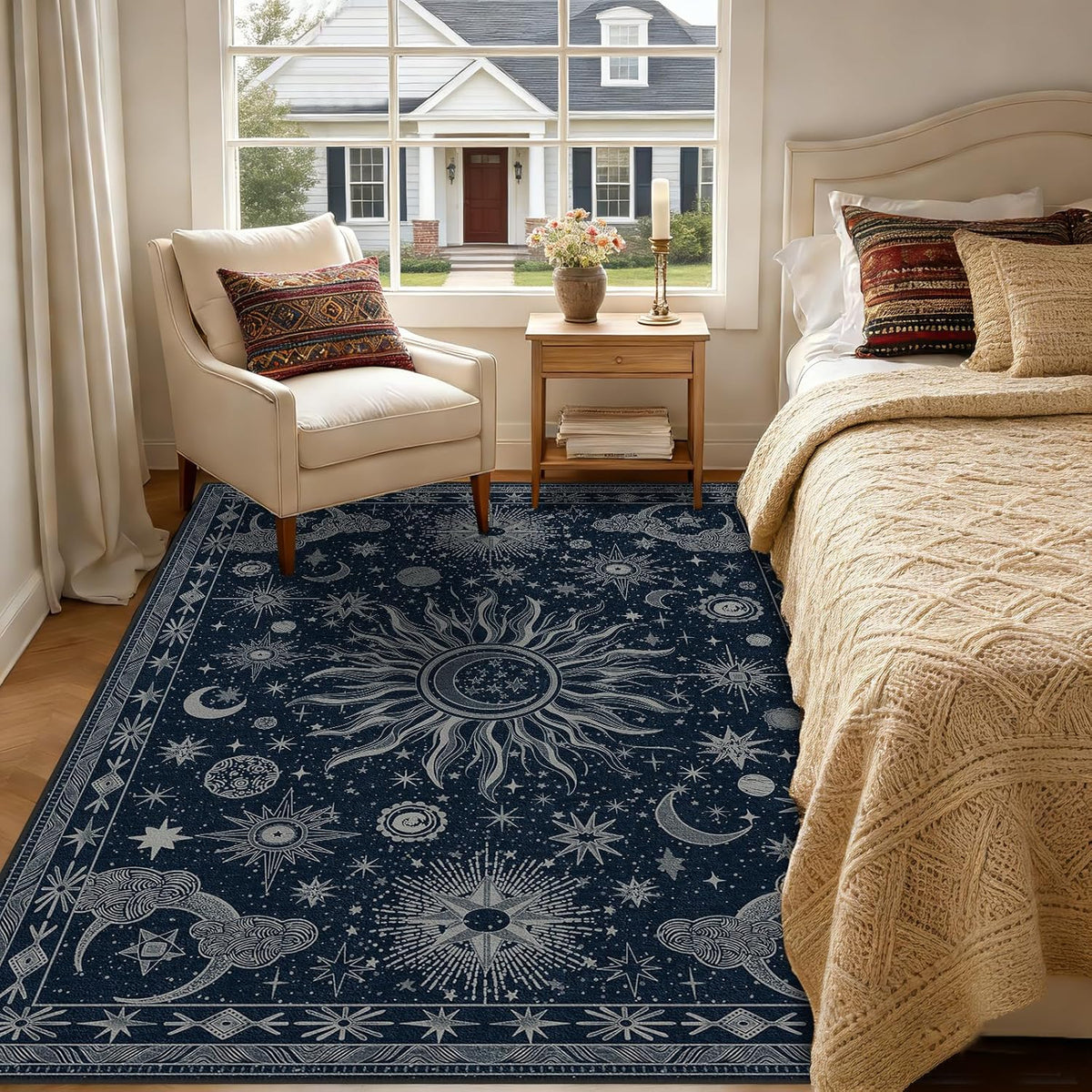 Vacuum-Friendly, 5x7 Washable Area Rug, Blue Gray White