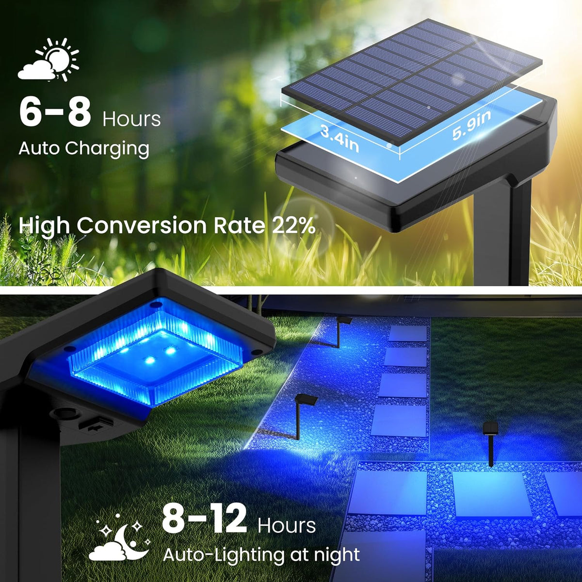AUDERWIN Solar Pathway Lights Outdoor, Smart Color Changing 9-in-1 Modes